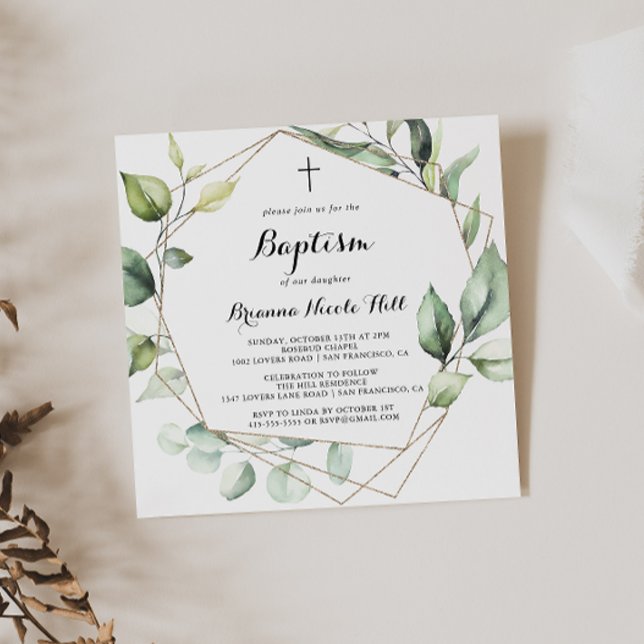 Convite Batismo geométrico Elegante Dourado (Criador carregado)