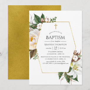 Convite Batismo Geométrico Floral Dourado