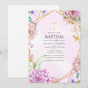 Convite Batismo Geométrico Floral Roxo e Dourado