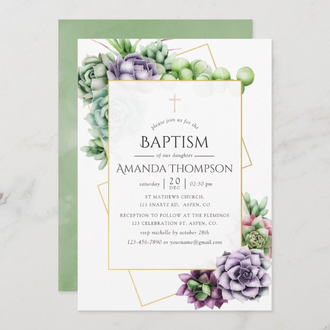 Convite Batismo Geométrico Suculto ou Christening (Frente/Verso)