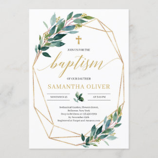 Convite Batismo geométrico verde do eucalipto em ouro