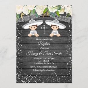 Convite Batismo Glitter Fiesta Boy Twin Silver