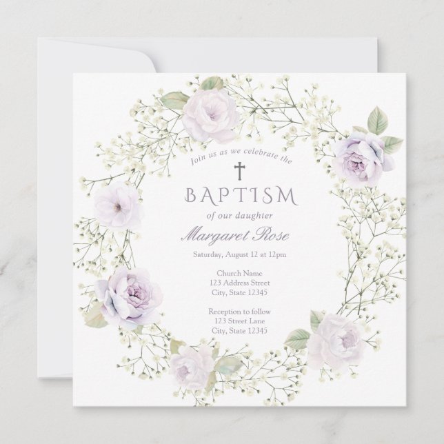 Convite Batismo infantil e Rosas roxas (Frente)