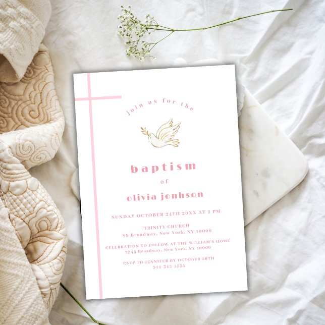 Convite Batismo infantil simples e rosa, francês (Pink French Simple Bird Christening Girl Baptism Invitation)
