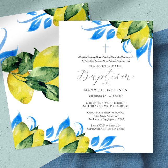 Convite Batismo Lemon Foliage Religioso Azul Italiano (baptism invitation lemons Italian blue tile watercolor botanical art by Victoria Grigaliunas)