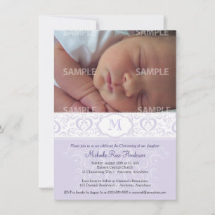Convite Batismo Lilac Damask Monograma/Christening