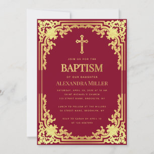 Convite Batismo Menina Borgonha Dourado Falso Religioso An