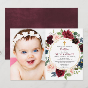 Convite Batismo menina burgundy marinho azul foto de ouro