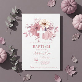 Convite Batismo Menina Outono Abóbora Cruz Rosa Poeira