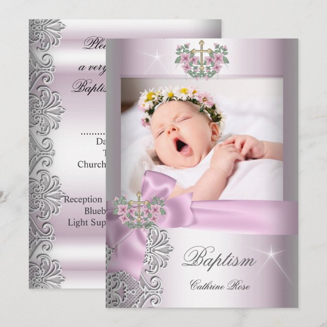 Convite Batismo Menina Rosa Rosa, Lace Fotografia Branca (Frente/Verso)