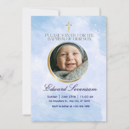 Convite Batismo Menino Bebê Nuvem Azul Editável