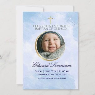 Convite Batismo Menino Bebê Nuvem Azul Editável