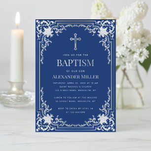 Convite Batismo Menino Elegante Azul Royal Cruz Prateada F