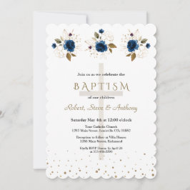 Convite Batismo Meninos Três Trigêmeos Floral Azul Marinho