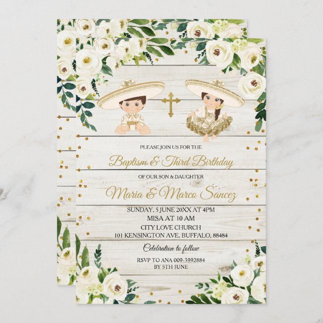 Convite Batismo mexicano gêmeo russo e terceiro aniversári (Frente/Verso)