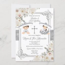 Convite Batismo mexicano prateado e fiesta Twin de anivers