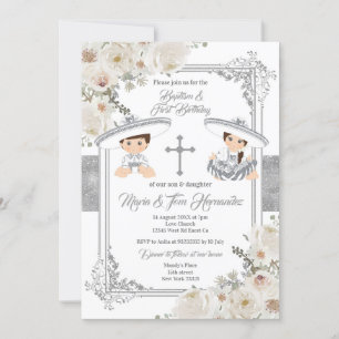 Convite Batismo mexicano prateado e fiesta Twin de anivers