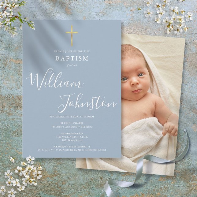 Convite Batismo Moderno Batizado Pó Azul Desbotado Foto (Modern Baptism Christening Dusty Blue Photo Invitation)