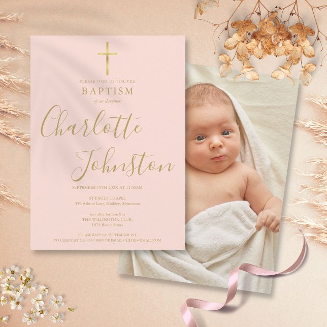 Convite Batismo Moderno Batizado Rosa Bege Dourado Foto (Modern Baptism Christening Gold Blush Pink Photo Invitation)