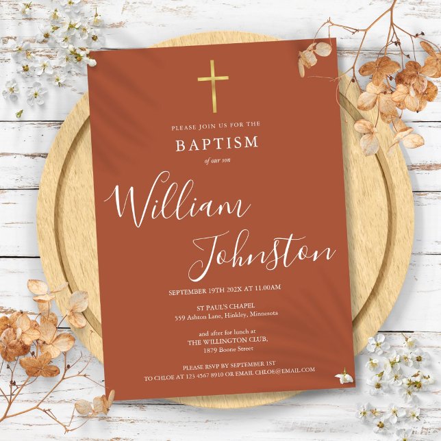 Convite Batismo Moderno Christening Dourado Cross Terracot (Modern Baptism Christening Gold Cross Terracotta Invitation)