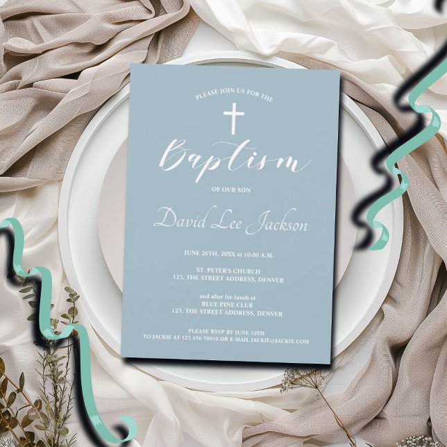 Convite Batismo Moderno Christening White Cross Dusty Blue (Criador carregado)