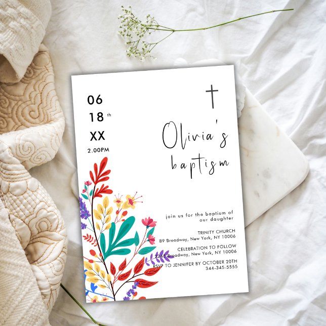 Convite Batismo Moderno Colorido da Flor (Modern Colorful Flower Cross Baptism Invitation)