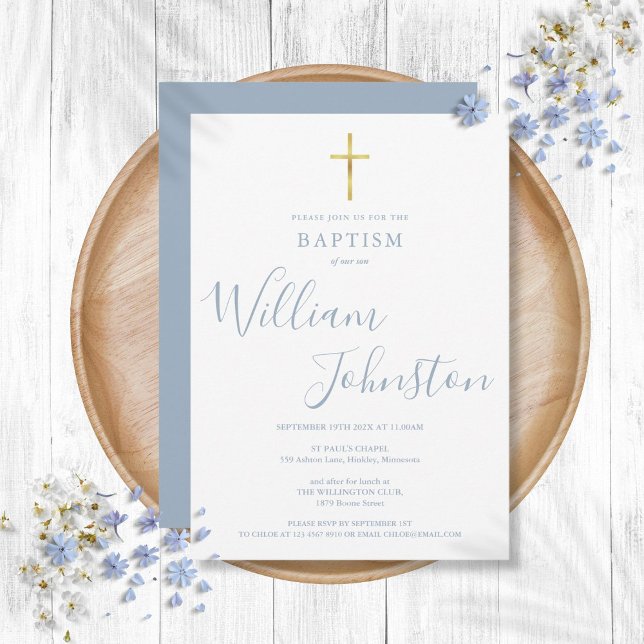 Convite Batismo Moderno Criando Dourado Cruz Azul (Modern Baptism Christening Gold Cross Dusty Blue Invitation)