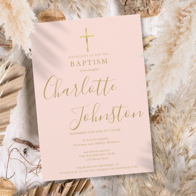 Convite Batismo Moderno Criando Dourado Script Rosa Esmaga (Modern Baptism Christening Gold Script Blush Pink Invitation)