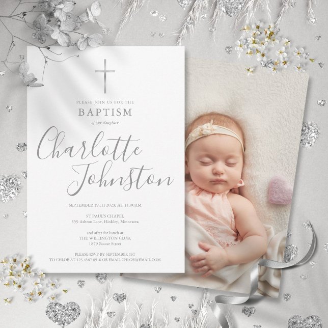 Convite Batismo Moderno Cristandade Assinatura Foto Prata (Modern Baptism Christening Silver Signature Photo Invitation)