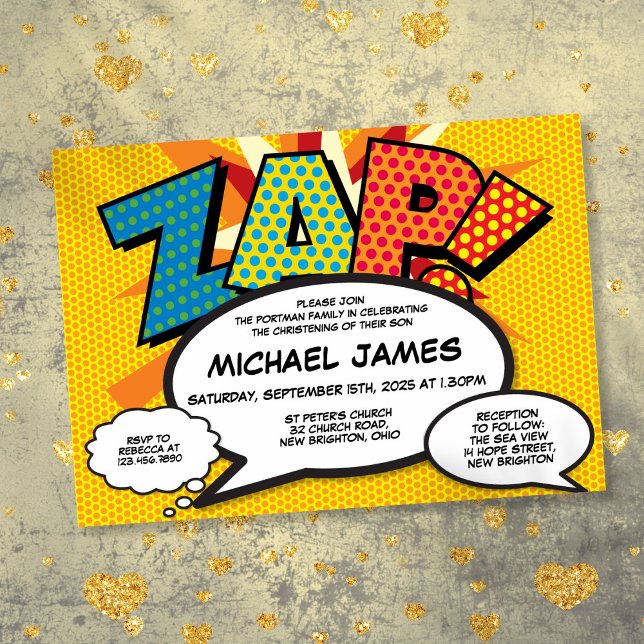 Convite Batismo Moderno Cristão Diversão Quadrinho ZAP (Modern Baptism Christening Fun Comic Book ZAP Invitation)