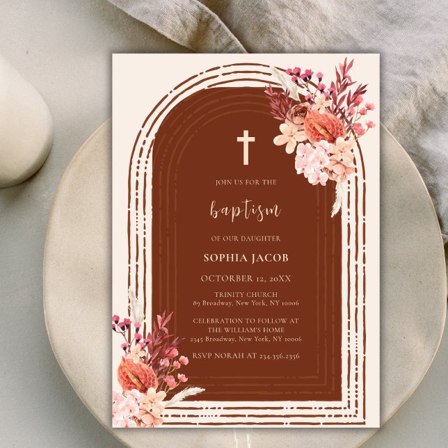 Convite Batismo Moderno da Arca Floral de Boho Terracotta (Modern Boho Terracotta Floral Arch Cross Baptism Invitation)
