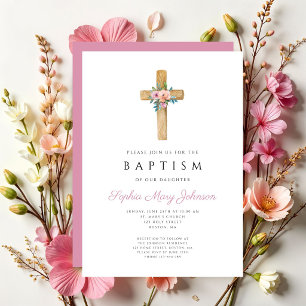 Convite Batismo Moderno da Cruz Floral Elegante