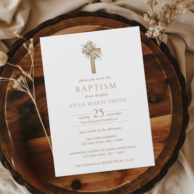 Convite Batismo Moderno da Cruz Floral Minimalista (Baptism Minimalist Modern Watercolor Cross Christening Invitation)