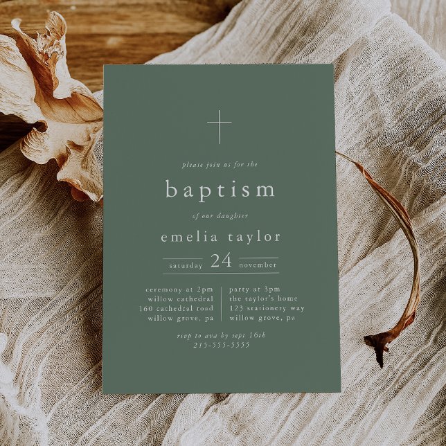 Convite Batismo moderno da Floresta Verde de Montanha EMEL (EMELIA Mountain Sage Green Forest Modern Baptism Invitation)