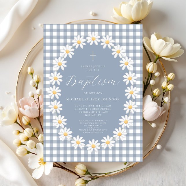 Convite Batismo Moderno de Bebê Menino em Azul Desbotado X (Modern Dusty Blue Gingham Floral Baby Boy Baptism Invitation)