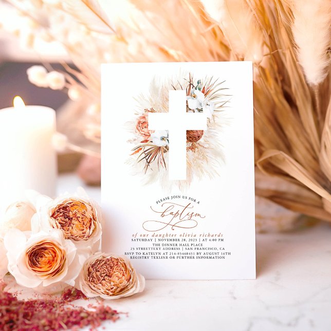 Convite Batismo Moderno de Grama Pampas Floral Ter (Baptism Boho Floral Invitations)