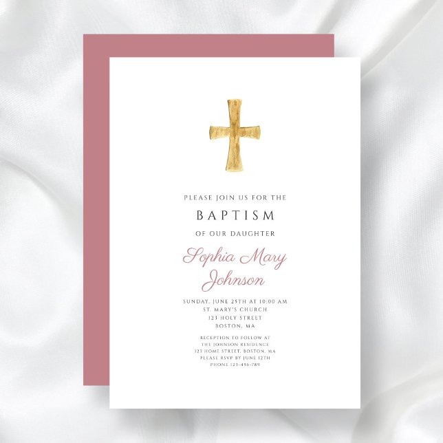 Convite Batismo Moderno de Menina Religiosa Cruz Rosa Empo (Modern Dusty Pink Cross Religious Girl Baptism Invitation)
