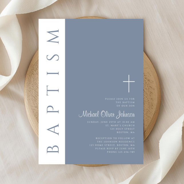 Convite Batismo moderno e elegante da cruz azul (Elegant Modern Dusty Blue Cross Baptism Invitation)