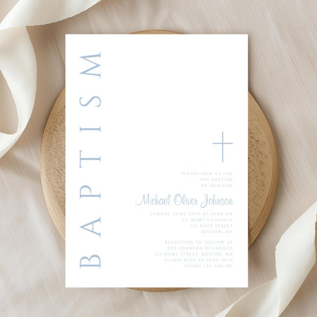 Convite Batismo moderno e elegante do guião azul cruzado (Elegant Modern Blue Script Cross Boy Baptism Invitation)