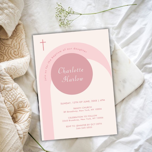 Convite Batismo Moderno e Rosa, Arco de Boho Cruzado (Pink Simple Modern Boho Arch Cross Girl Baptism Invitation)