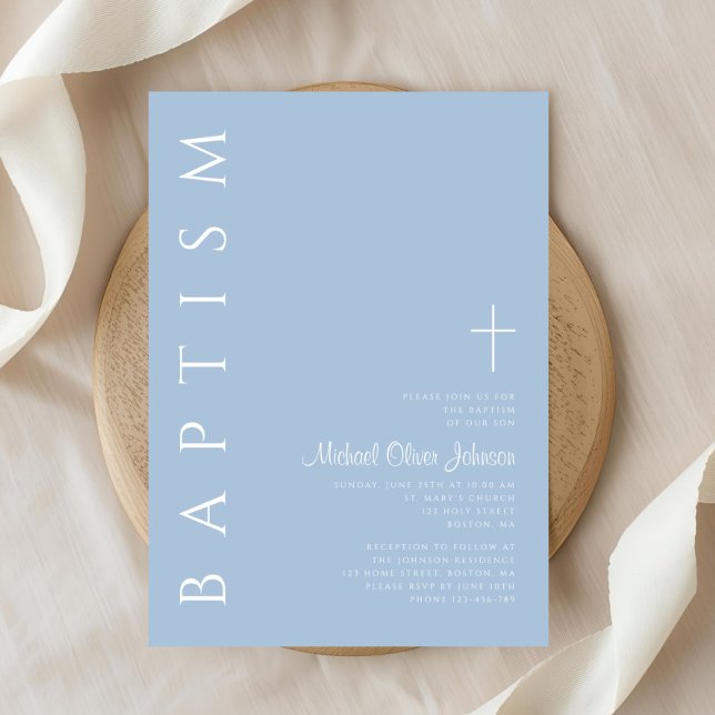 Convite Batismo Moderno Elegante Blue Cross Boy (Modern Elegant Blue Cross Boy Baptism Invitation)