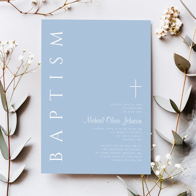Convite Batismo Moderno Elegante Blue Cross Boy (Modern Elegant Blue Cross Boy Baptism Invitation)