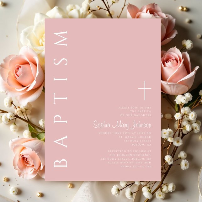 Convite Batismo Moderno Elegante Blush Cruzes Rosa (Modern Elegant Blush Pink Cross Girl Baptism Invitation)