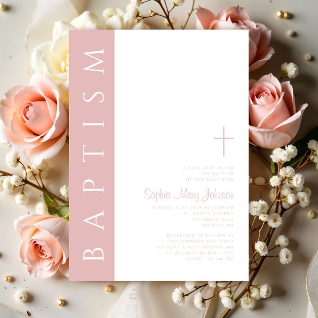 Convite Batismo Moderno Elegante Blush Cruzes Rosa (Modern Elegant Blush Pink Cross Girl Baptism Invitation)