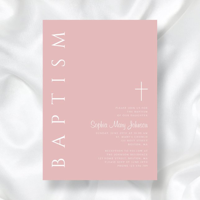 Convite Batismo Moderno Elegante Blush Cruzes Rosa (Modern Elegant Blush Pink Cross Girl Baptism Invitation)