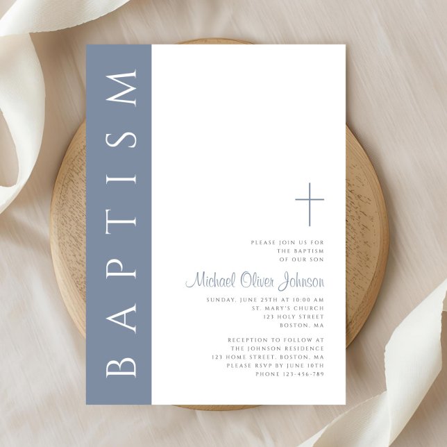 Convite Batismo moderno Elegante Dusty da Cruz Azul (Modern Elegant Dusty Blue Cross Baptism Invitation)