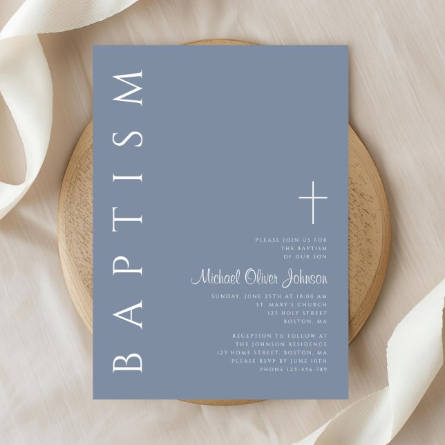 Convite Batismo moderno Elegante Dusty da Cruz Azul (Modern Elegant Dusty Blue Cross Baptism Invitation)