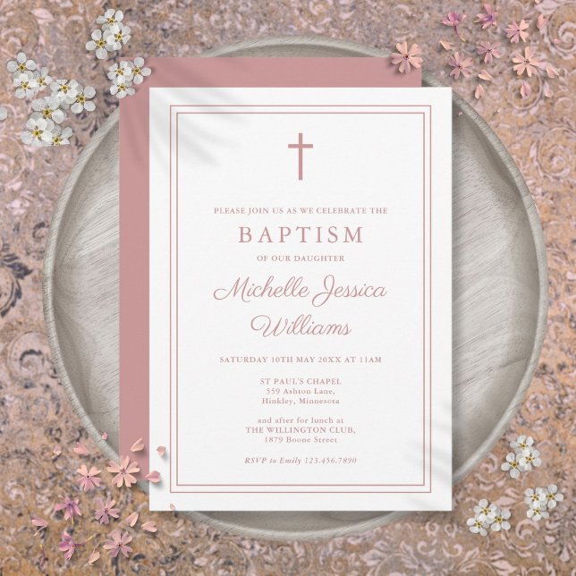 Convite Batismo moderno Elegante Dusty Rosa cor-de-rosa (Modern Elegant Dusty Rose Pink Border Baptism Invitation)