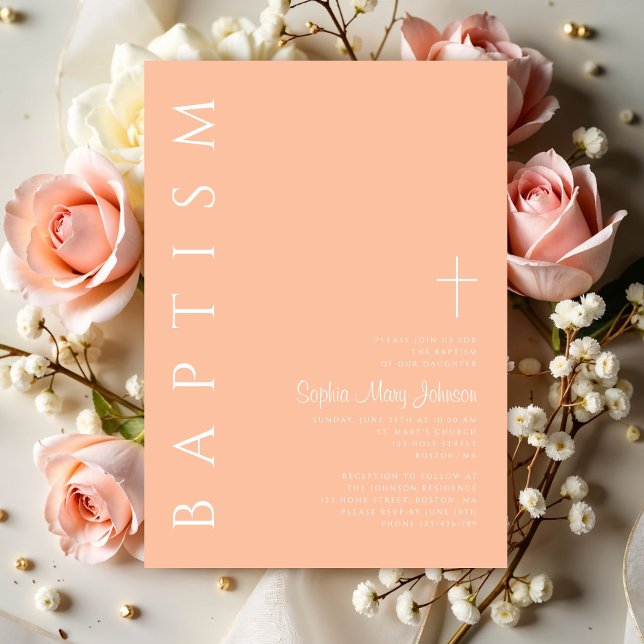 Convite Batismo Moderno Elegante, Rosa Religiosa, Rapariga (Elegant Modern Pink Religious Cross Girl Baptism Invitation)