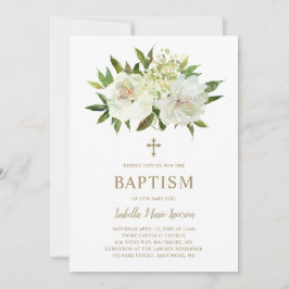 Convite Batismo Moderno Floral Branco Dourado Elegante